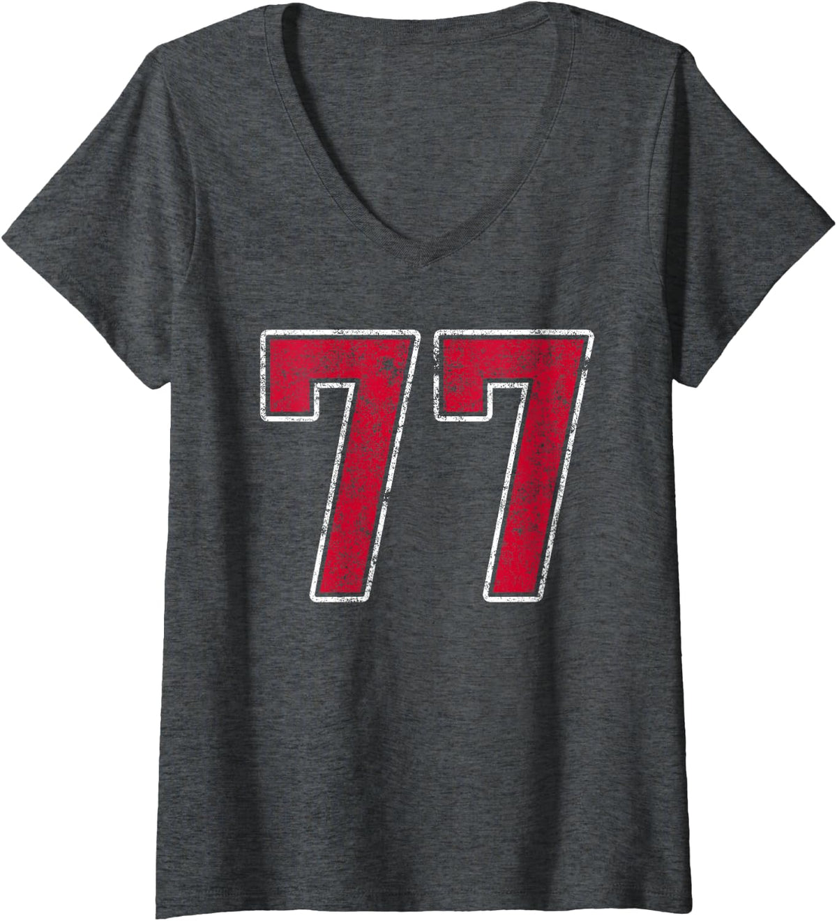 Women's Grunge Red White Number 77 Jersey Player Uniform #77 V-Neck T-Shirt - Dark Heather Grey