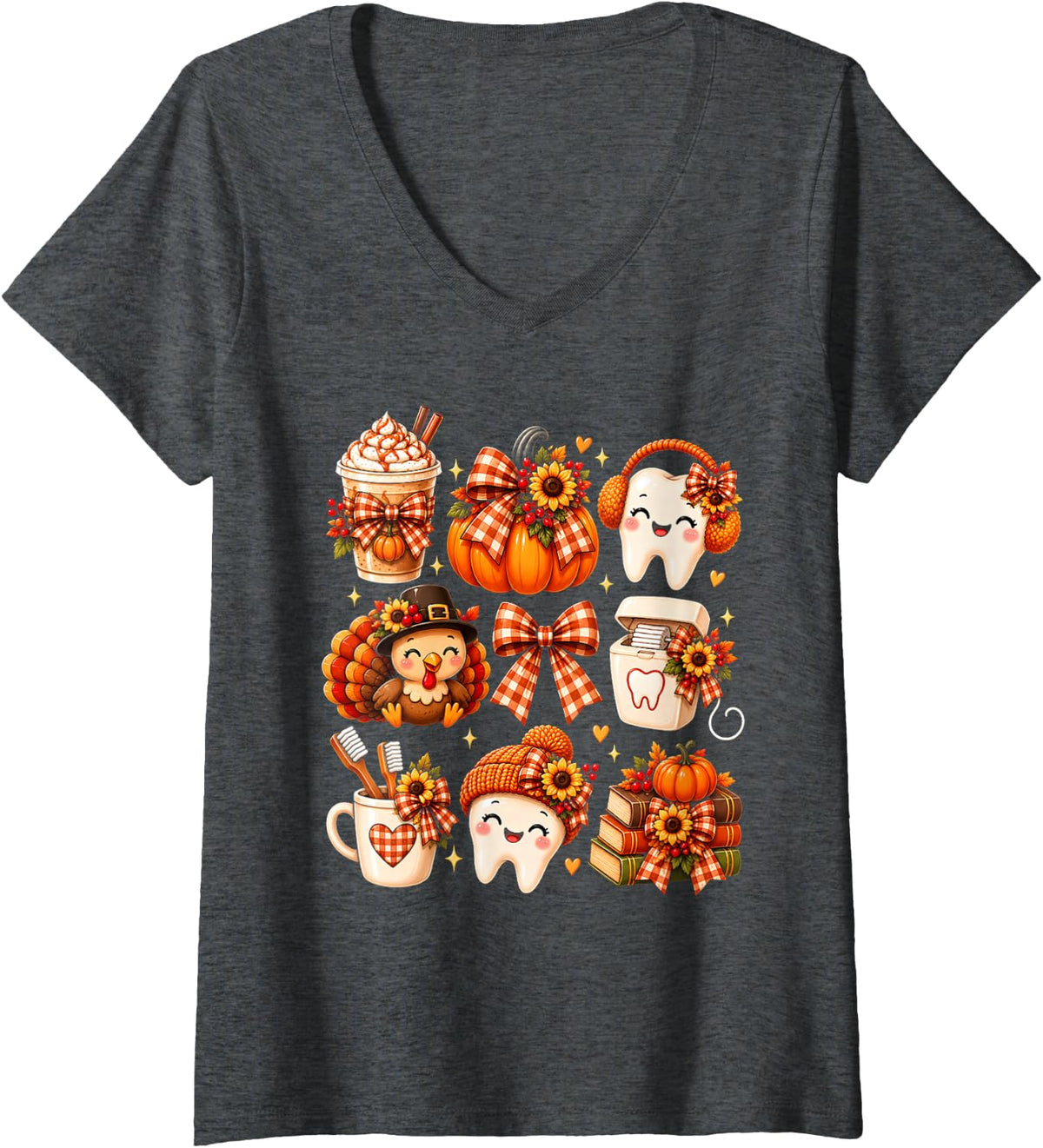Women's Dental Hygienist Assistant Dentist Tooth Pumpkin Bow Leaves V-Neck T-Shirt - Dark Heather Grey