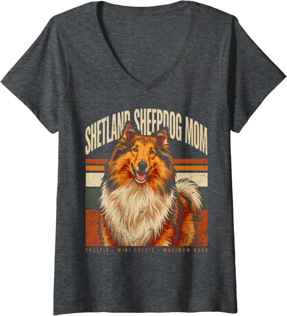 Women's Shetland Sheepdog Mom Sheltie Mini Collie Maximum Bark V-Neck T-Shirt - Dark Heather Grey