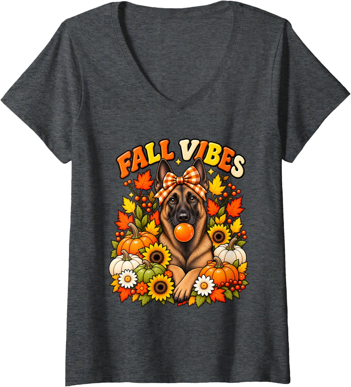 Women's Cute Fall Vibes Belgian Malinois Dog Coquette Autumn Season V-Neck T-Shirt - Dark Heather Grey