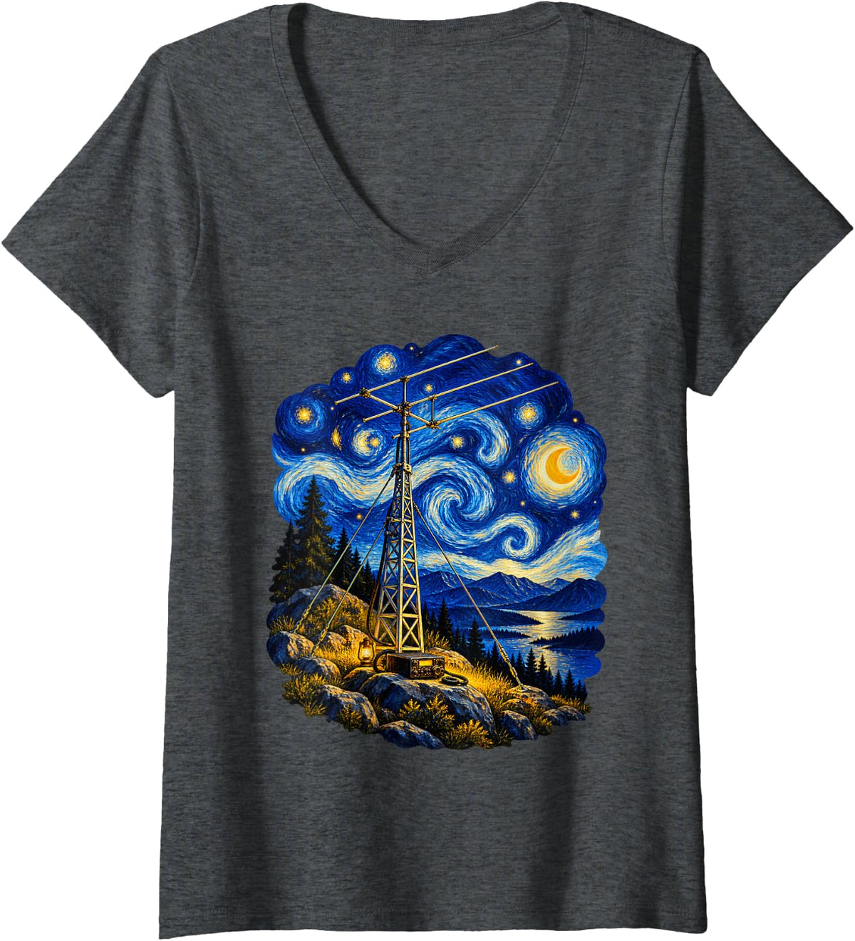 Women's Starry Night Van Gogh Ham Radio Tower Mountain Operator V-Neck T-Shirt - Dark Heather Grey