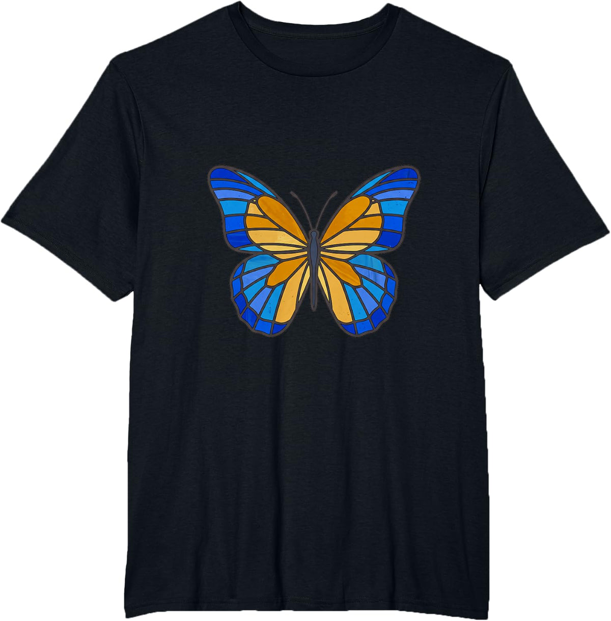 Blue and Yellow Stained Glass Butterfly Down Syndrome T-Shirt - Black