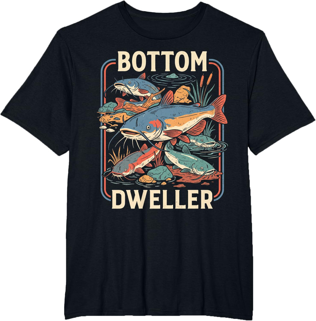 Catfish Fishing Angler Vintage Poster T-Shirt - Black