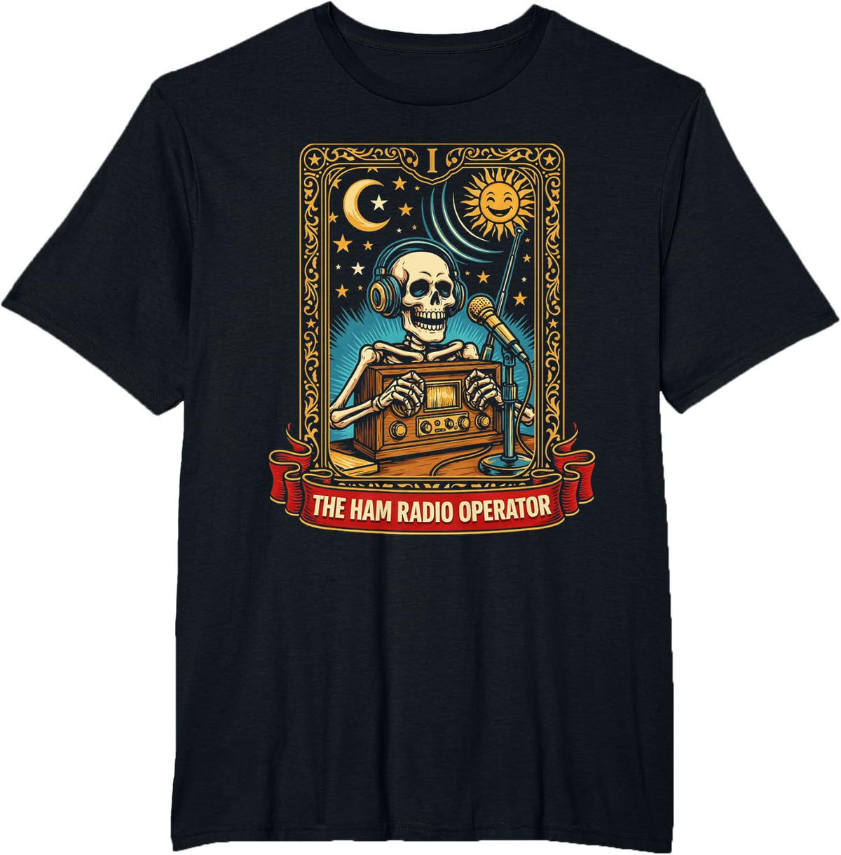 The Ham Radio Operator Skeleton Tarot Card T-Shirt - Black