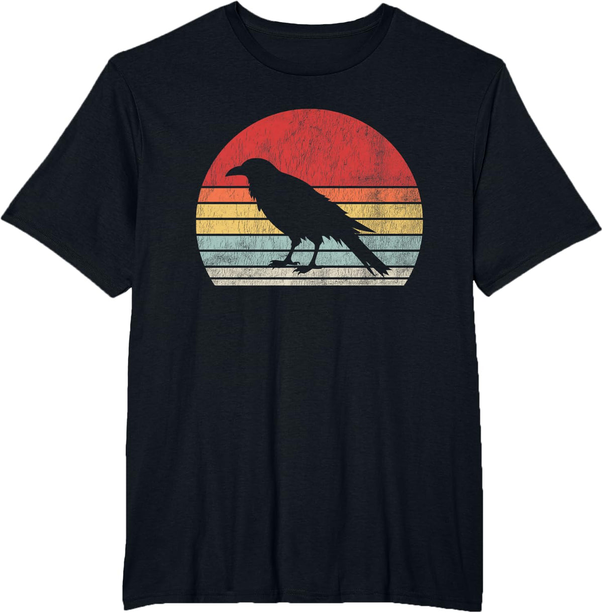 Retro Vintage Raven Crow Silhouette Sunset Graphic T-Shirt - Black