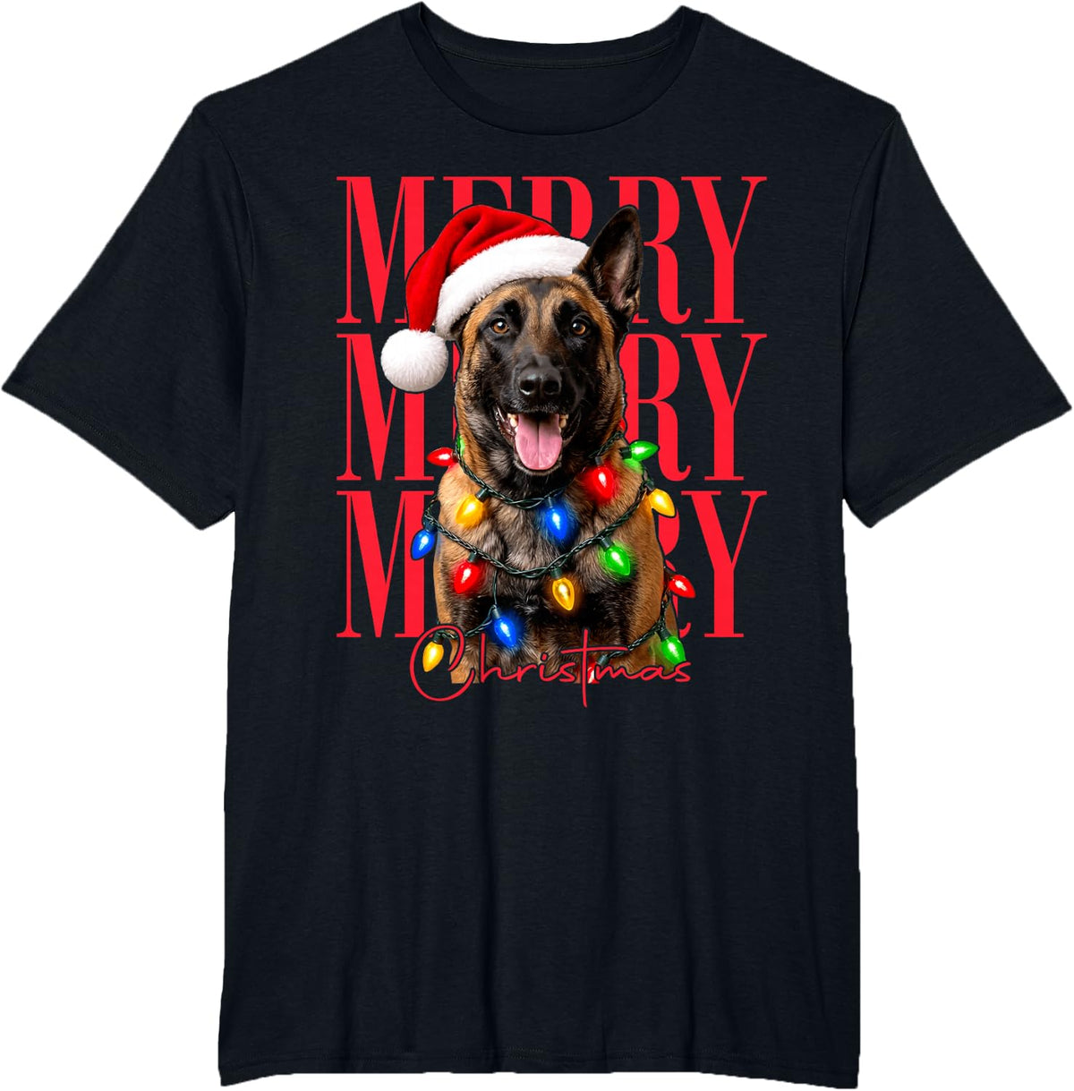 Merry Christmas Belgian Malinois Santa Xmas Tree Light Dog T-Shirt - Black