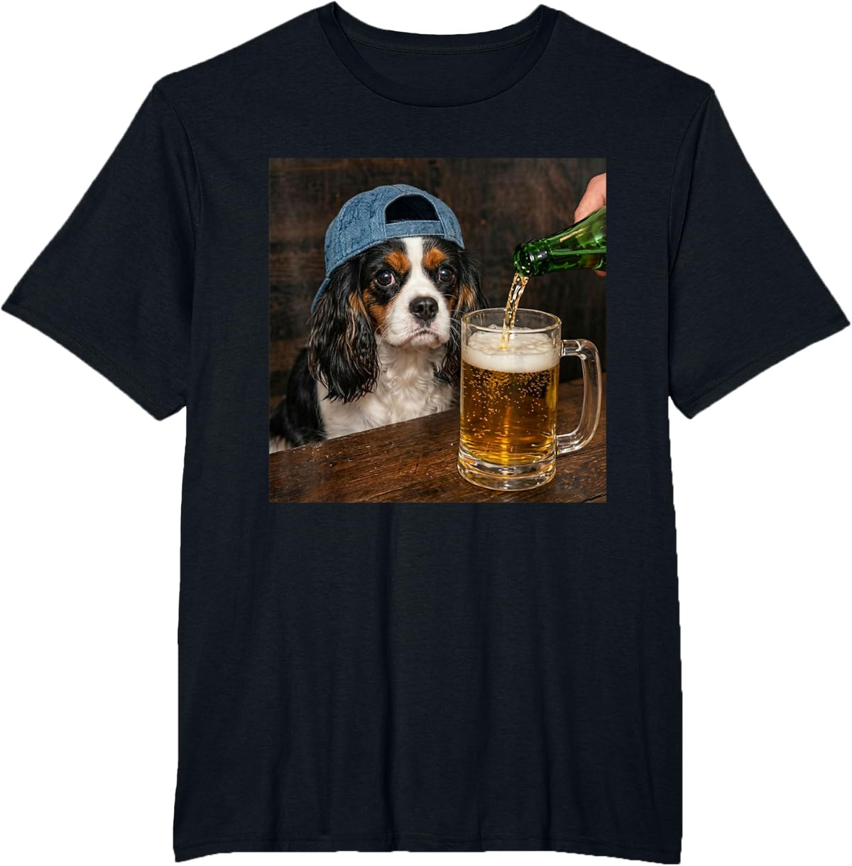 Cavalier King Charles Spaniel Drinking Beer Funny Dog Meme T-Shirt - Black