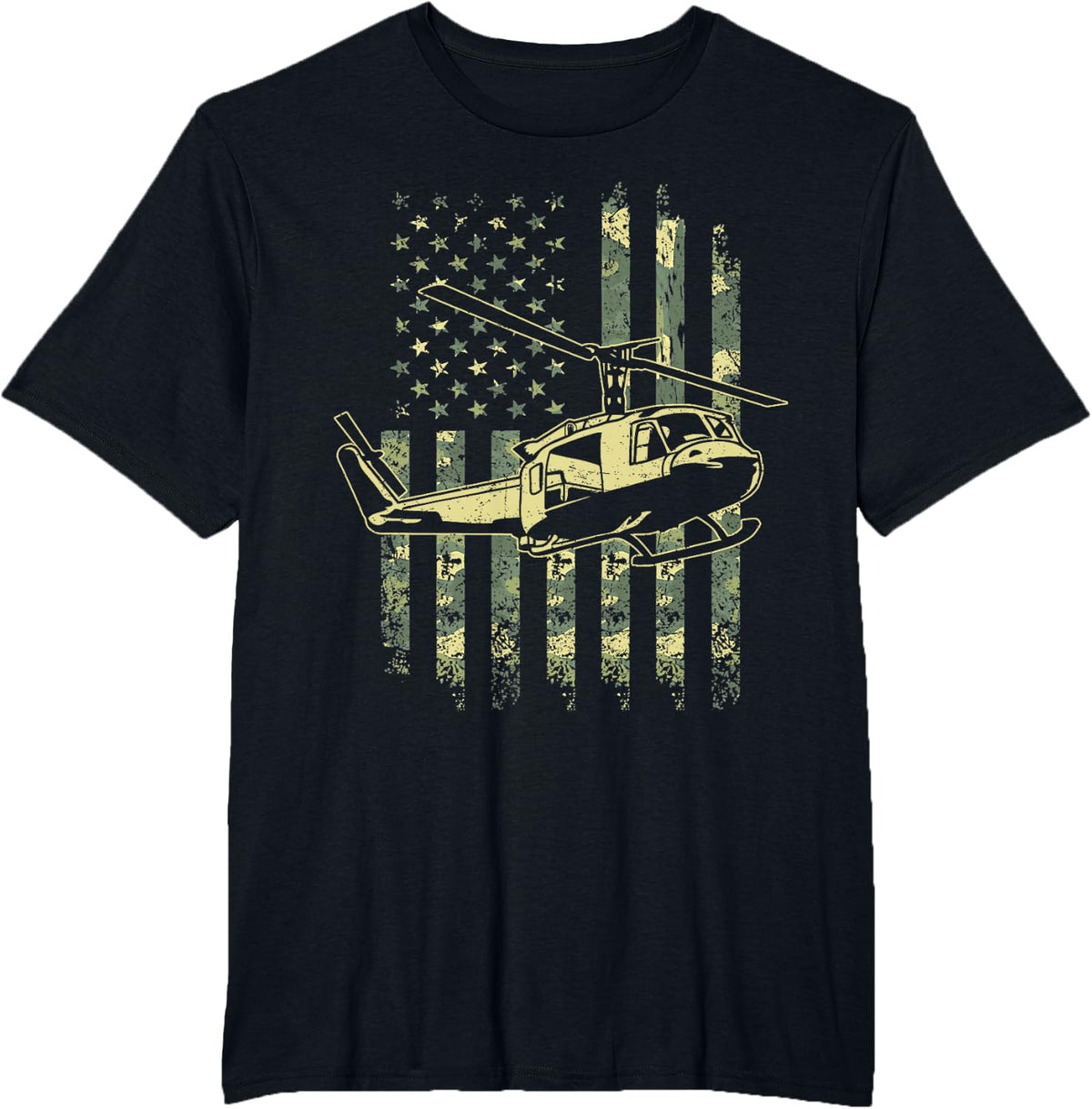UH-1 Huey Flag US Camouflage Military Helicopter Pilot T-Shirt - Black