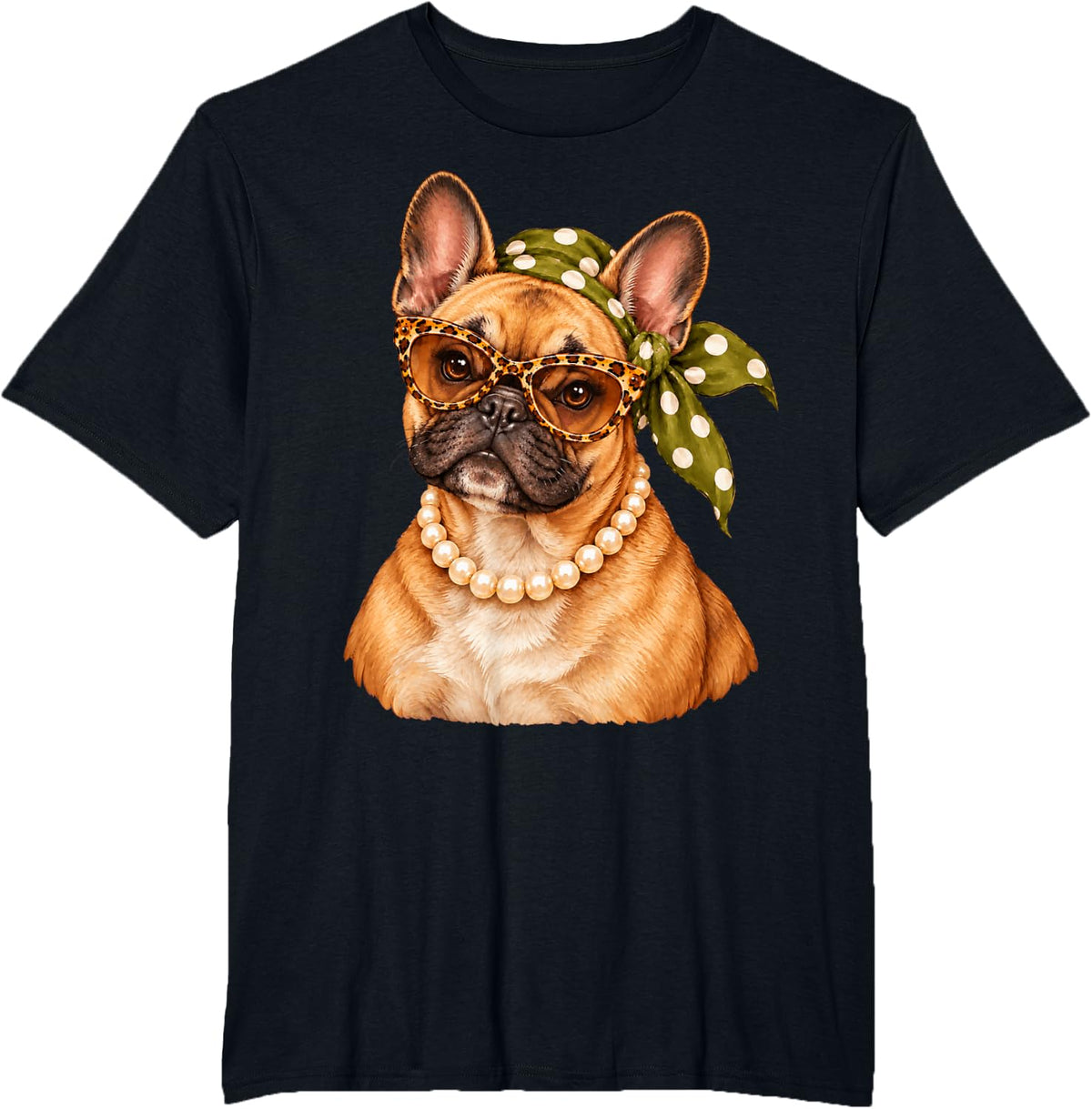 French Bulldog Glam Leopard Glasses Portrait T-Shirt - Black