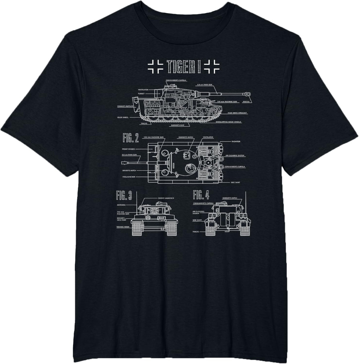 World War 2 German Tank Tiger I Engineering Blueprint T-Shirt - Black