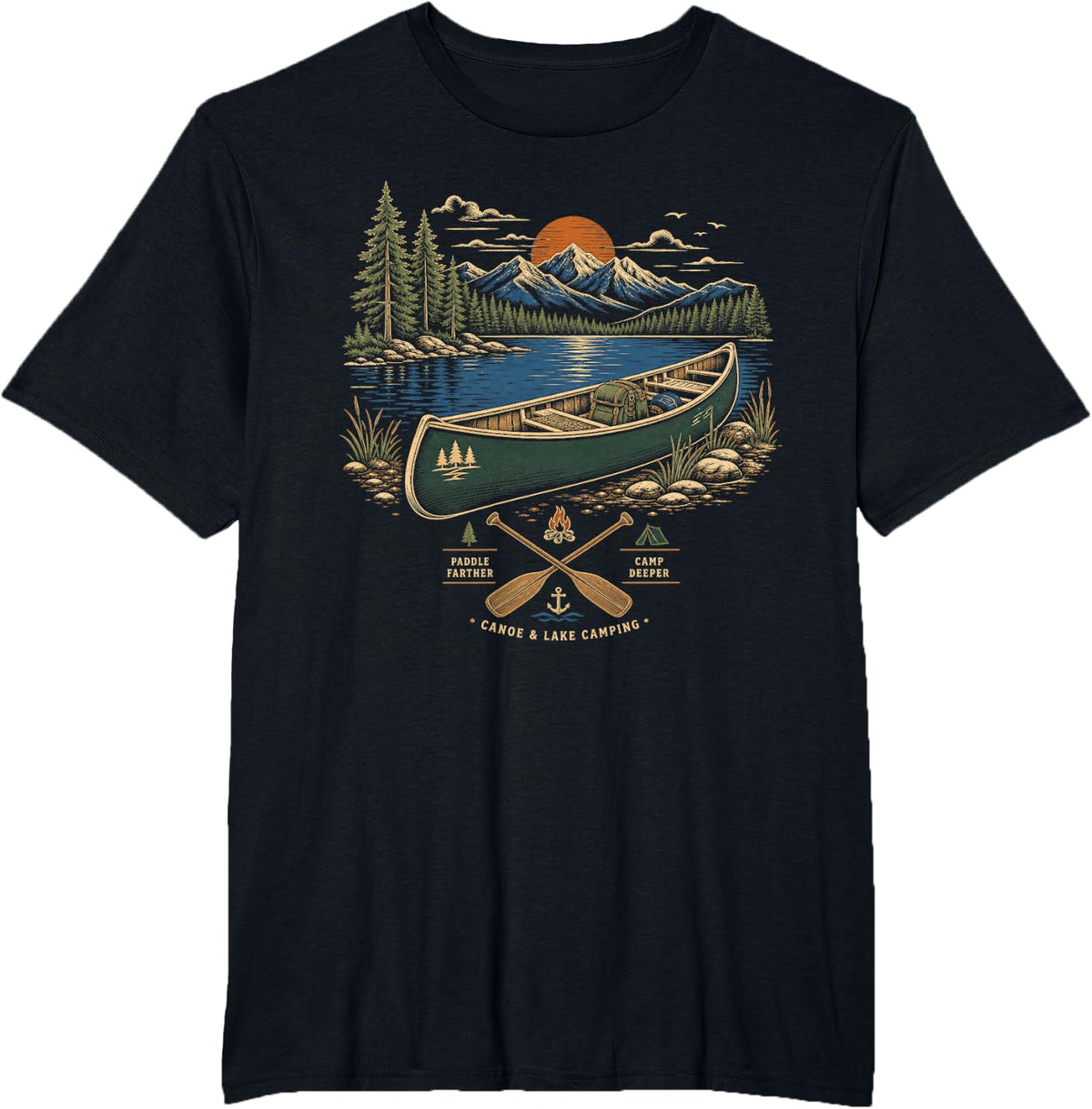 Canoe and Lake Camping Paddle Camp T-Shirt - Black