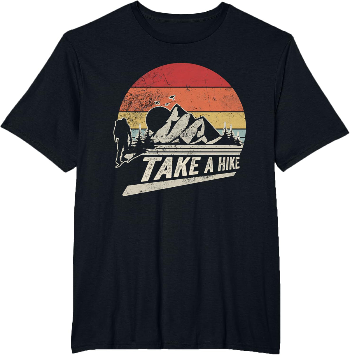 Take A Hike Retro Vintage Sunset Mountain Hiking Graphic T-Shirt - Black