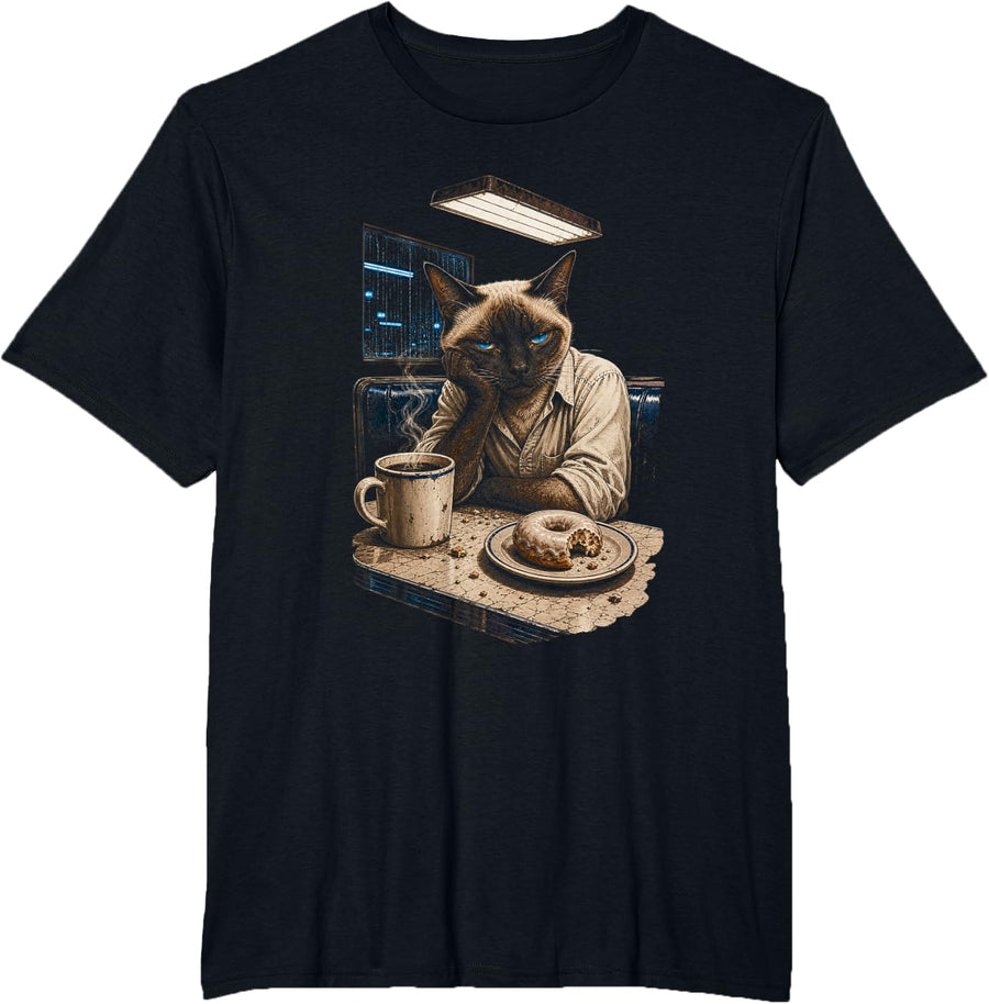 Siamese Cat Coffee Diner Funny Cat Mom T-Shirt - Black