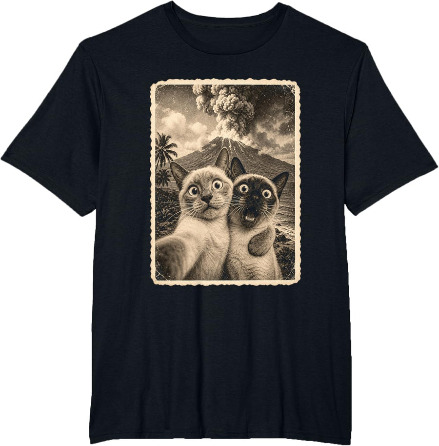 Funny Siamese Cat Selfie Vintage T-Shirt - Black