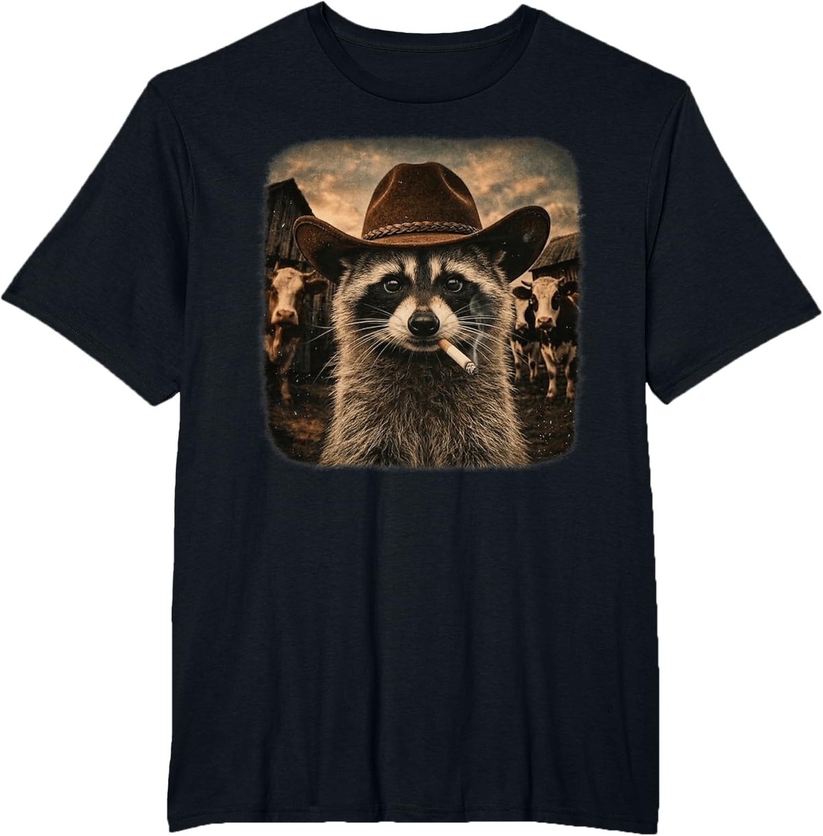 Vintage Funny Cowboy Raccoon Smoking Cigarette Meme Western T-Shirt - Black
