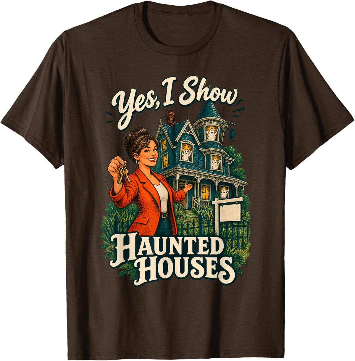 Haunted House Showing Real Estate Agent Halloween T-Shirt - Brown