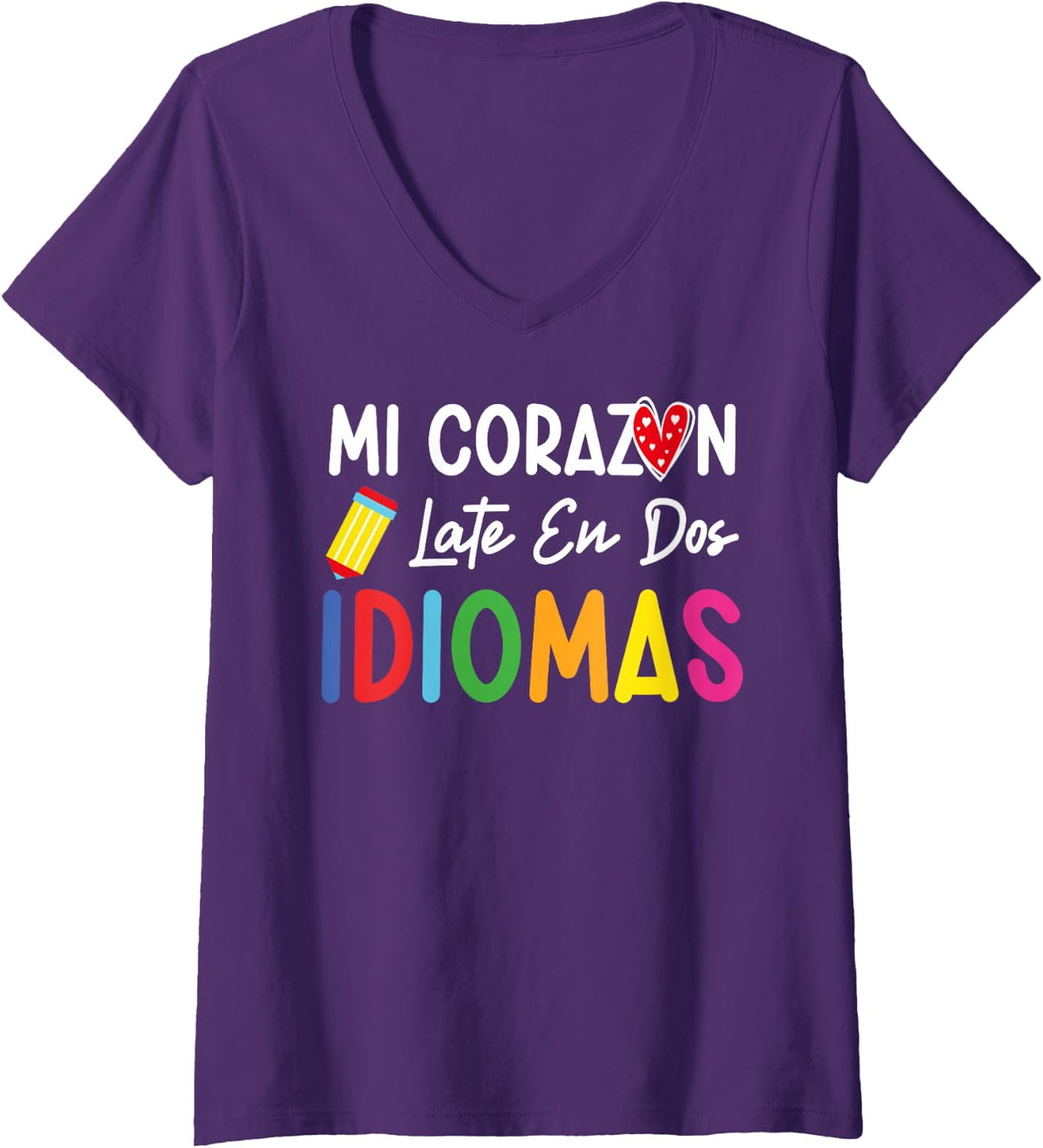 Womens Mi corazon late en dos idiomas bilingual Spanish Teacher V-Neck T-Shirt - Purple