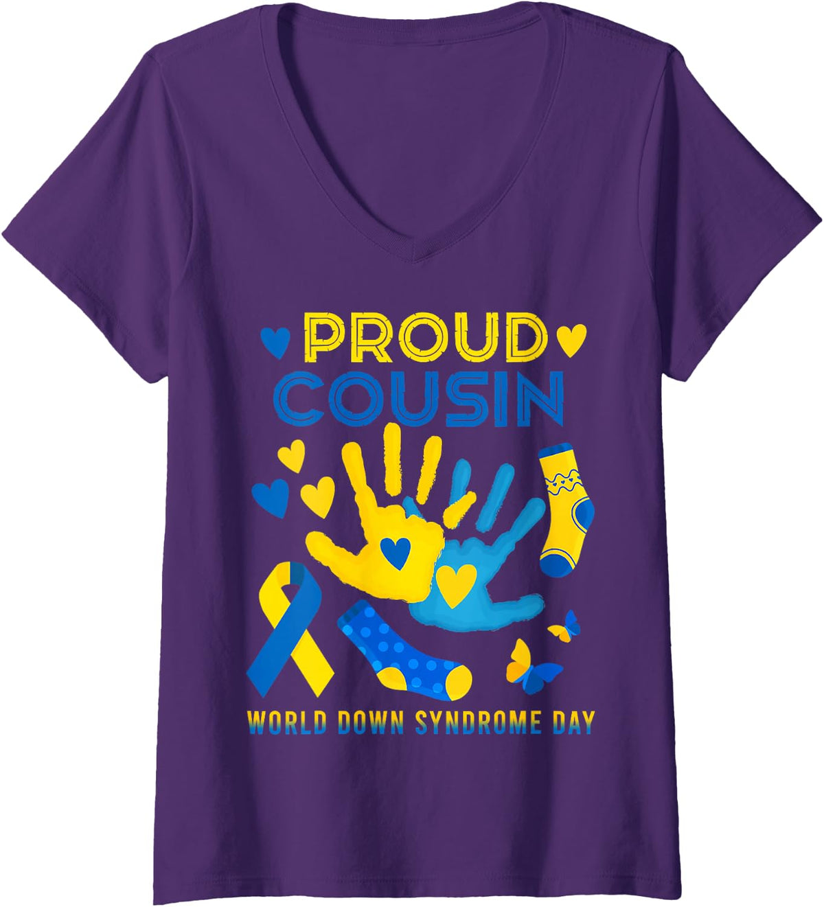 Women's Proud Cousin T21 World Down Syndrome Awareness Day Ribbon T V-Neck T-Shirt - Purple