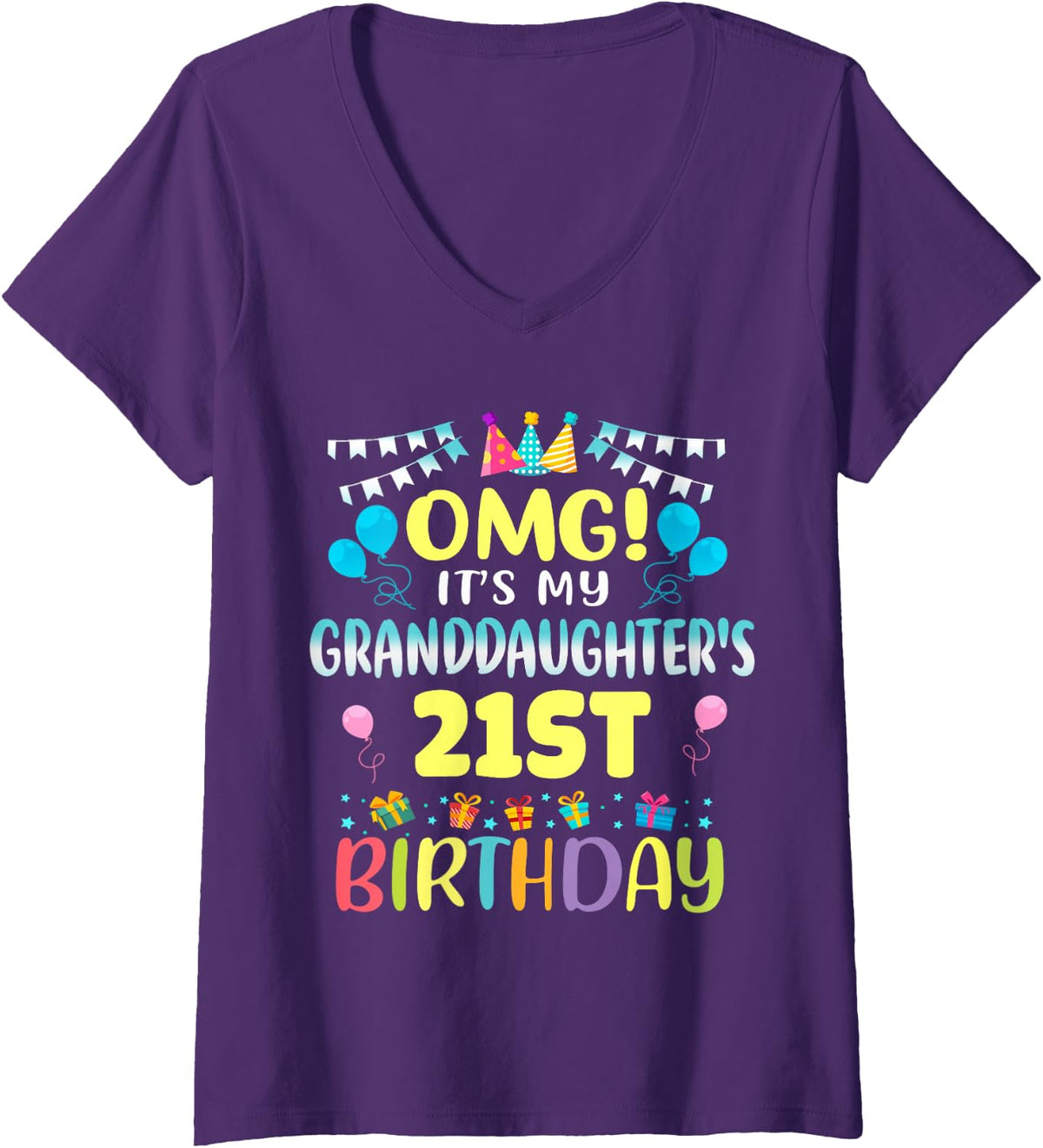 Women's OMG It's My Granddaughter's 21st Birthday Sweet 21 Years Old V-Neck T-Shirt - Purple