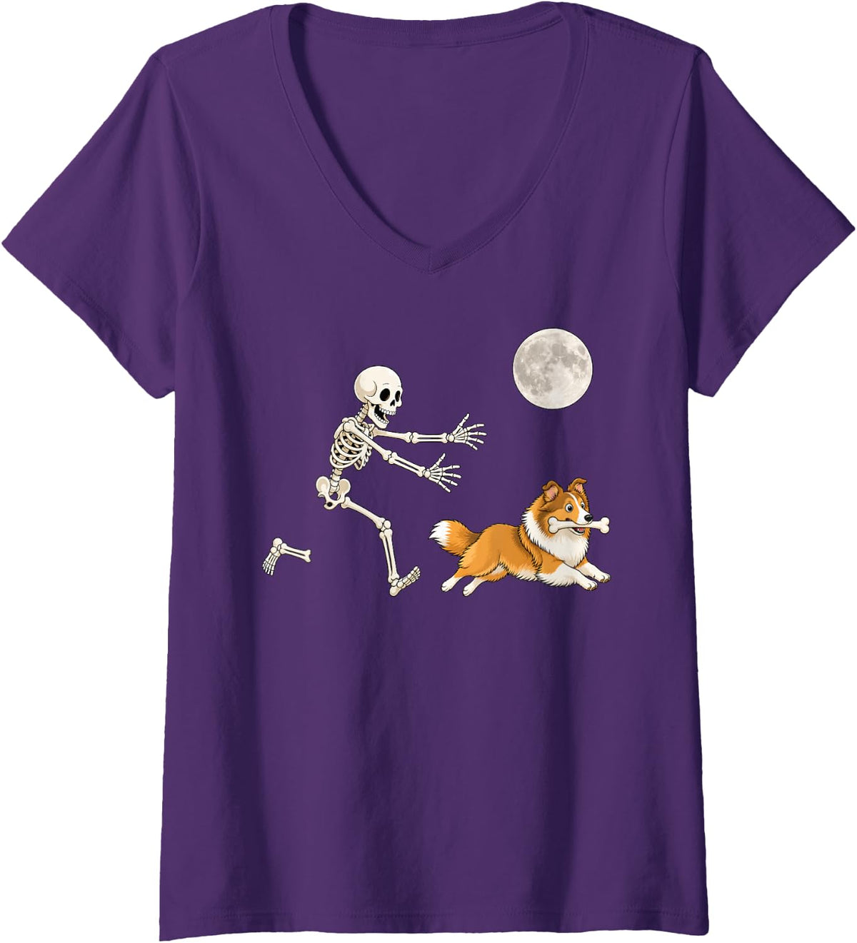 Women's Sheltie Running Skeleton Retro Halloween Shetland Sheepdog V-Neck T-Shirt - Purple