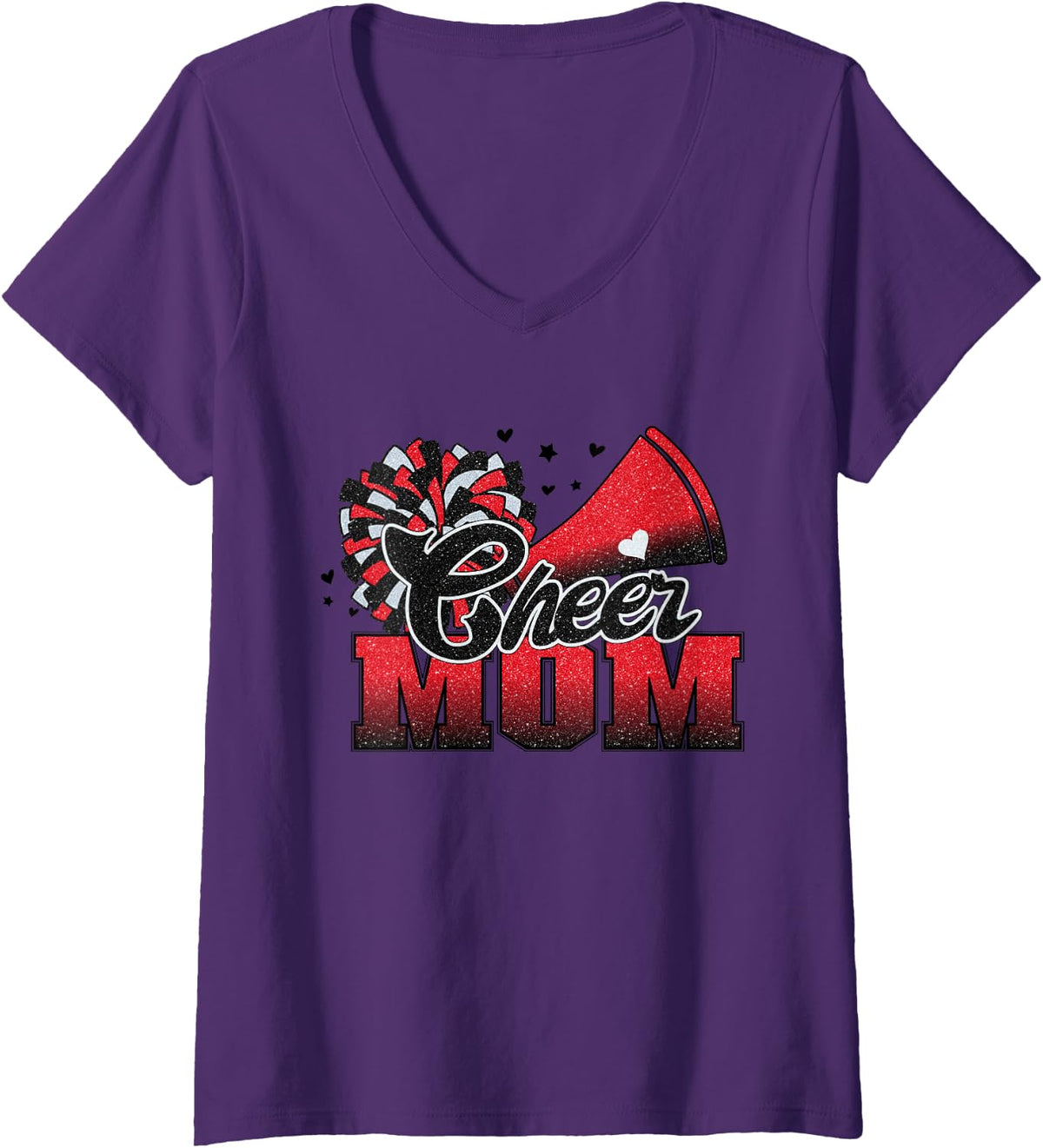 Womens Football Cheer Mom Red Black Pom Leopard V-Neck T-Shirt - Purple