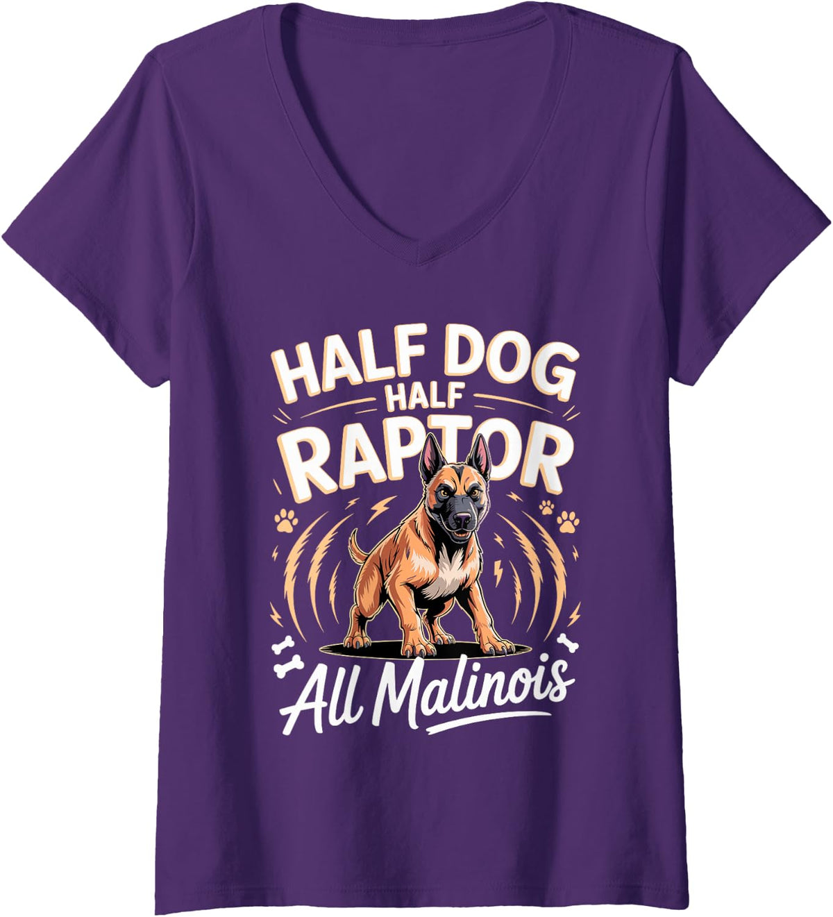 Women's Half Dog Half Raptor All Malinois V-Neck T-Shirt - Purple
