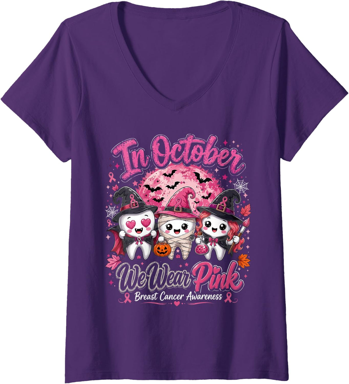 Women's We were Pink Ribbon Halloween Dental Breast Cancer Awareness V-Neck T-Shirt - Purple