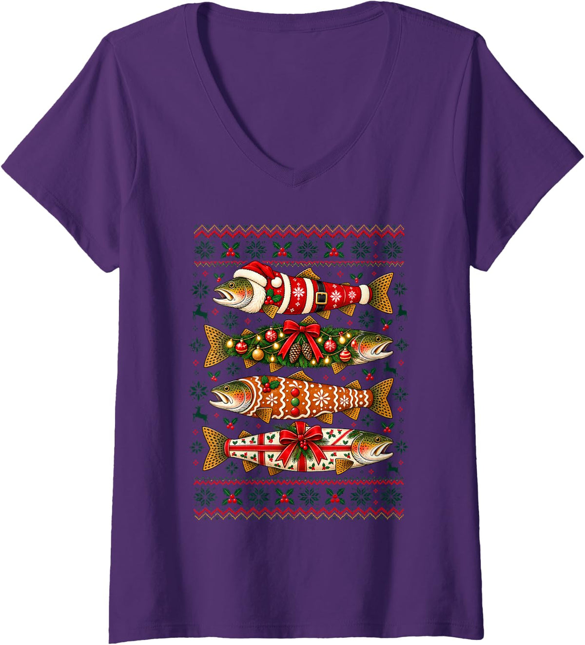 Women's Christmas Trout Fishing Santa Tree Gingerbread Ugly Sweater V-Neck T-Shirt - Purple