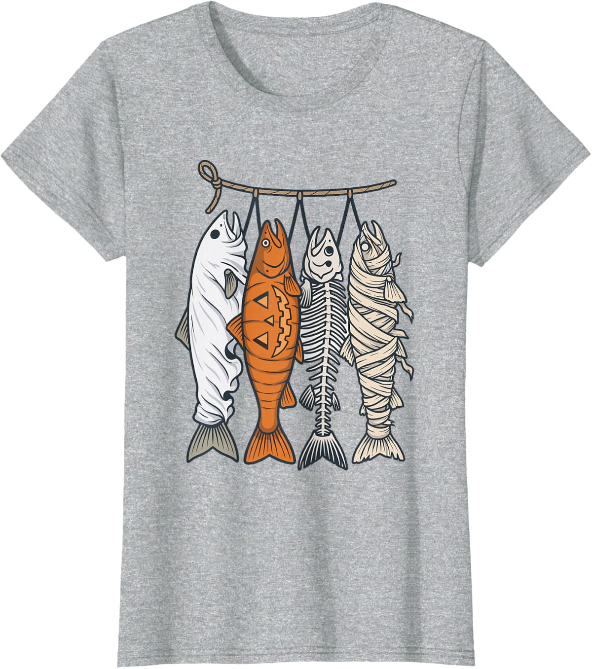 Funny Halloween Fishing Ghost Fish Skeleton Mummy Angler T-Shirt - Heather Grey