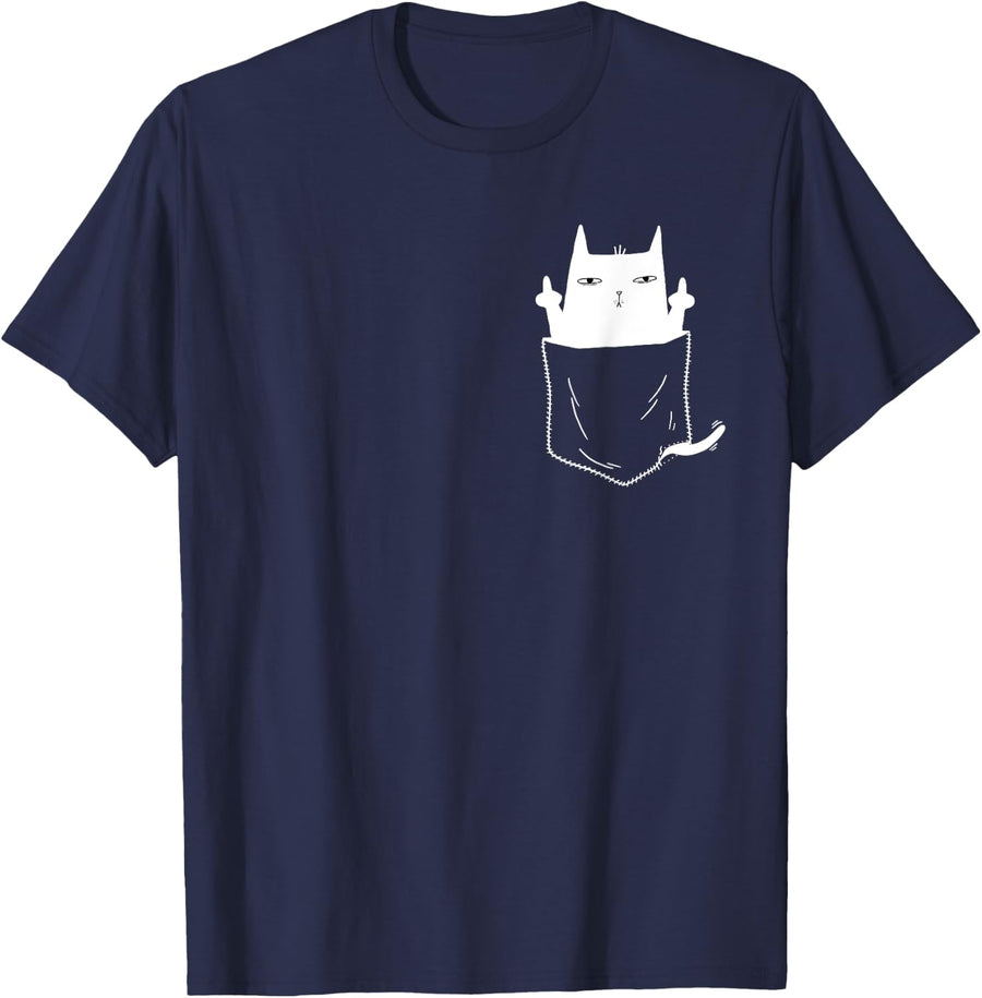 Cat In Pocket Giving The Finger - Funny Cat Middle Finger T-Shirt for Men Women - Navy Blue