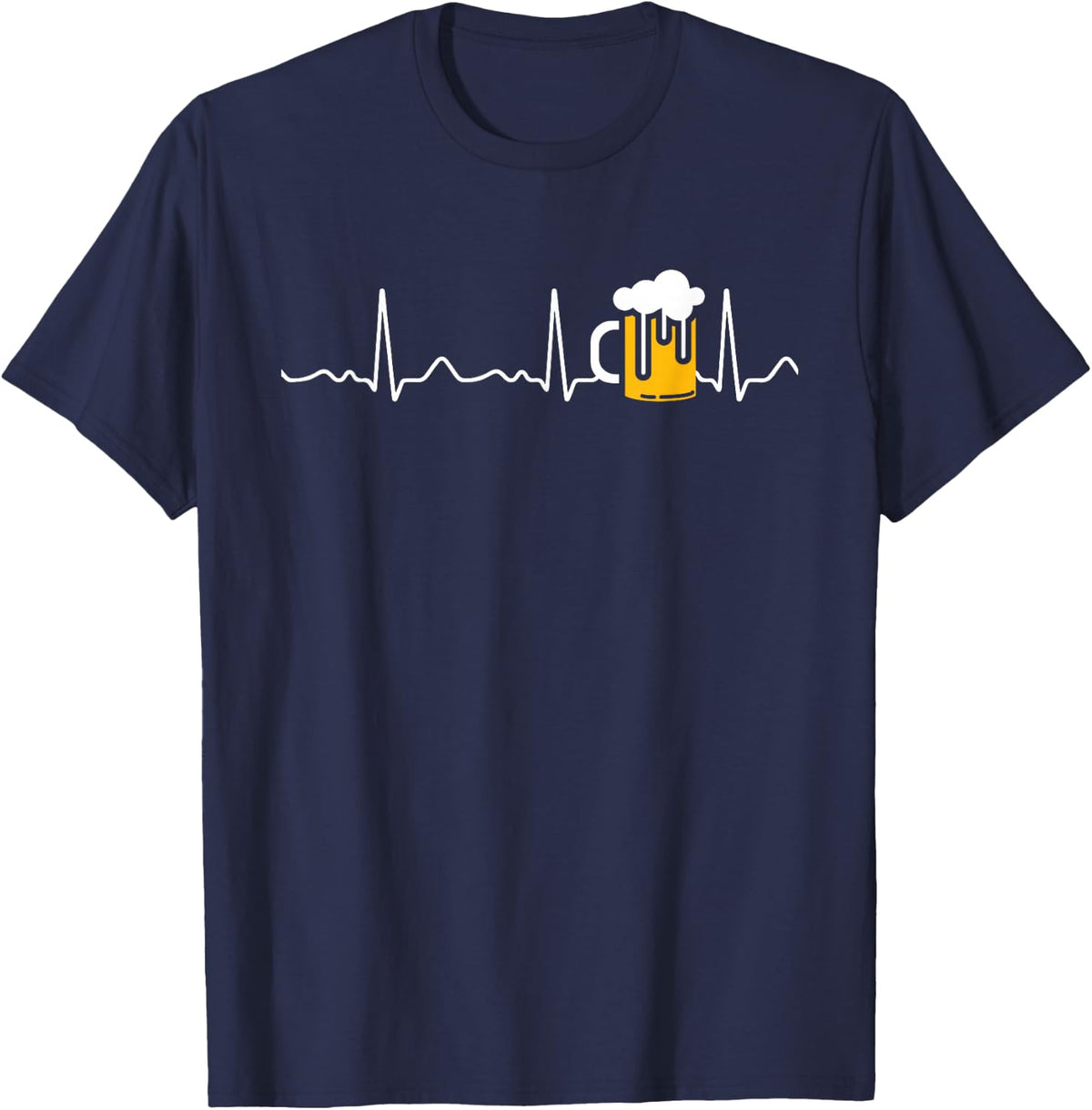 Beer Glass Heart Line Heart Beat, Pulse, ECG T-Shirt - Navy Blue