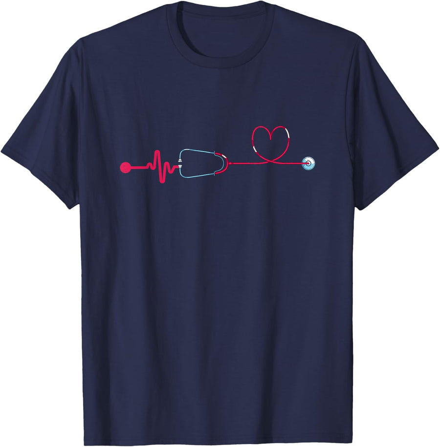 Medical Nursing Heart Stethoscope Heartbeat Nursery Nurse T-Shirt - Navy Blue
