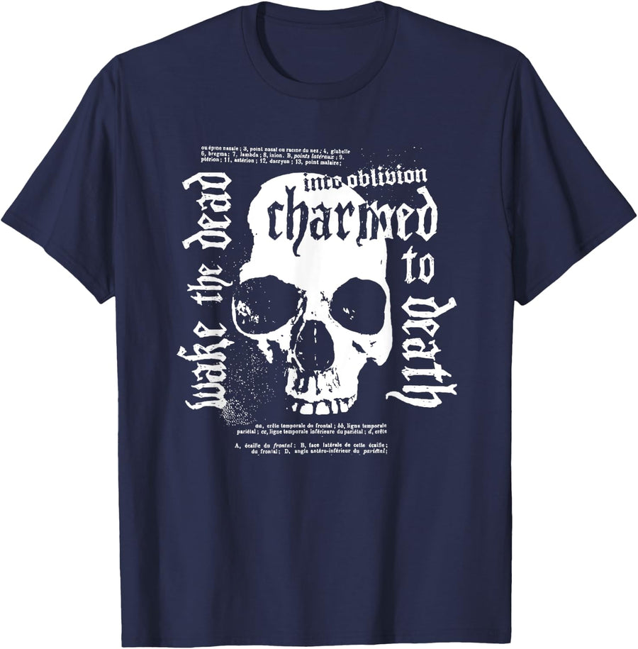Skull Charmed To Death Wake The Dead Goth Punk Flyer Style T-Shirt - Navy Blue