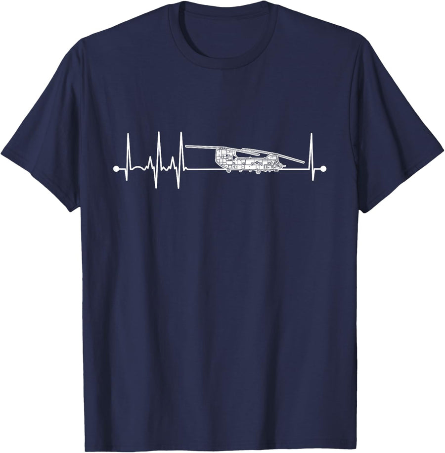CH47 Chinook Heartbeat EKG Pulse Military Helicopter Pilot T-Shirt - Navy Blue