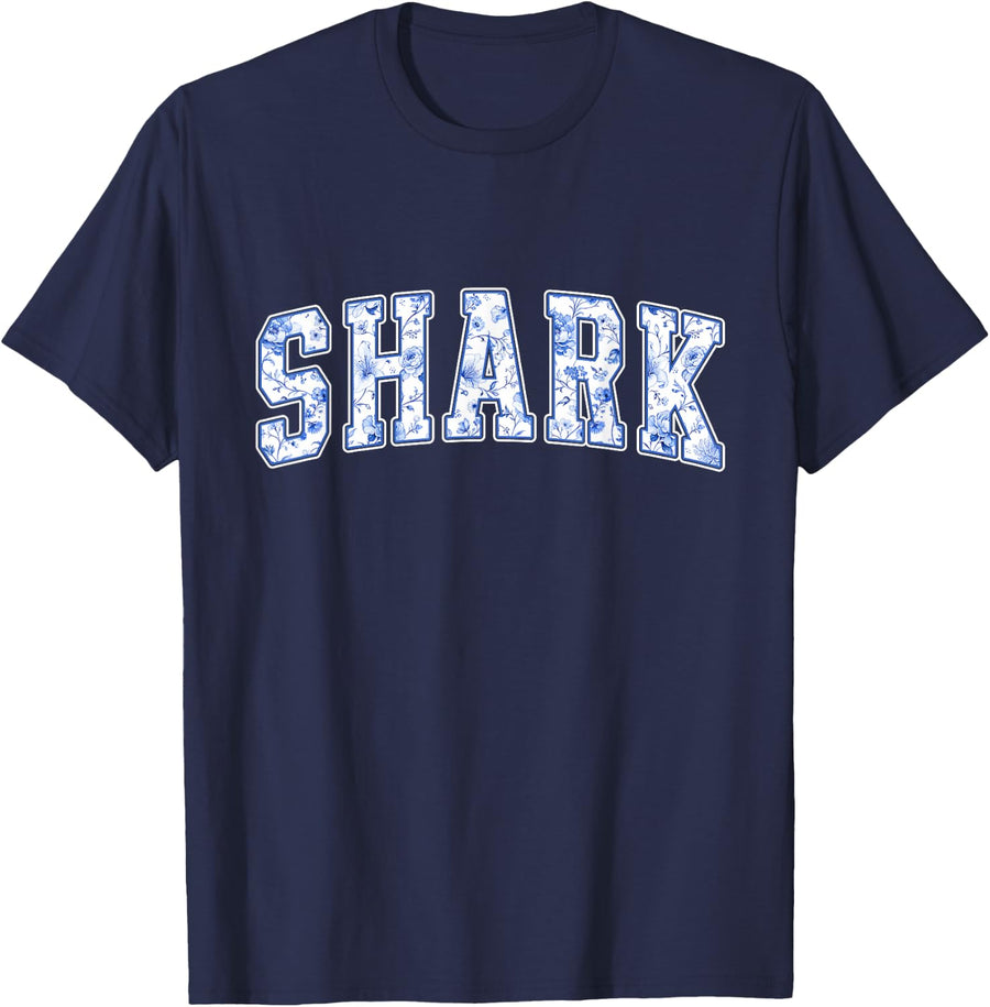 Shark Blue Floral Varsity Letters Ocean Lover Ocean T-Shirt - Navy Blue