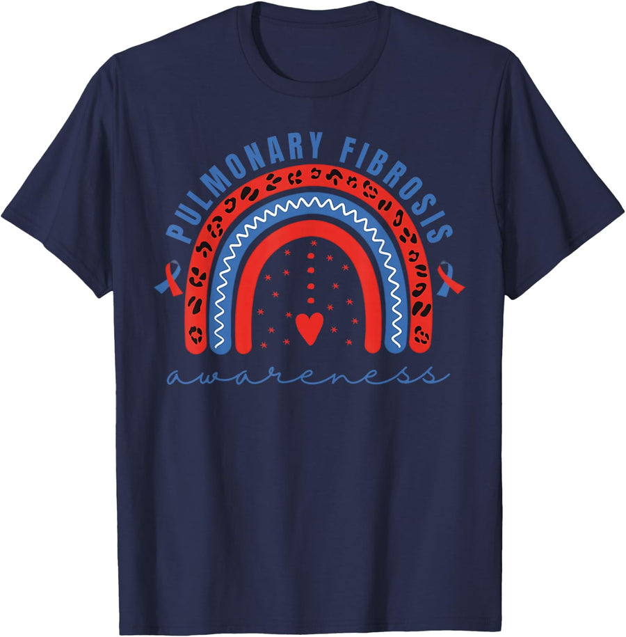 Boho Rainbow Pulmonary Fibrosis Awareness Month Respiratory T-Shirt - Navy Blue