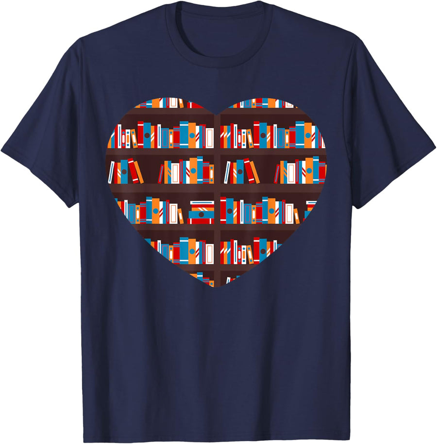 Book Reading Club Librarian Library Love Heart Tee T-Shirt - Navy Blue