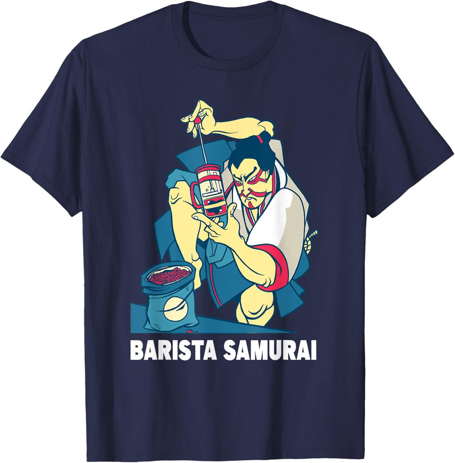 Barista Samurai French Press motif Coffee Lover and Barista T-Shirt - Navy Blue