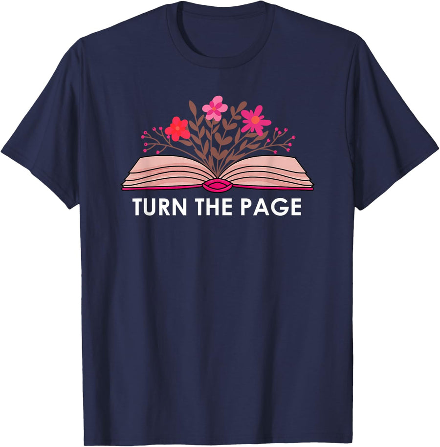 Turn the Page Book Theme Bookish Items Books Lovers Reading T-Shirt - Navy Blue