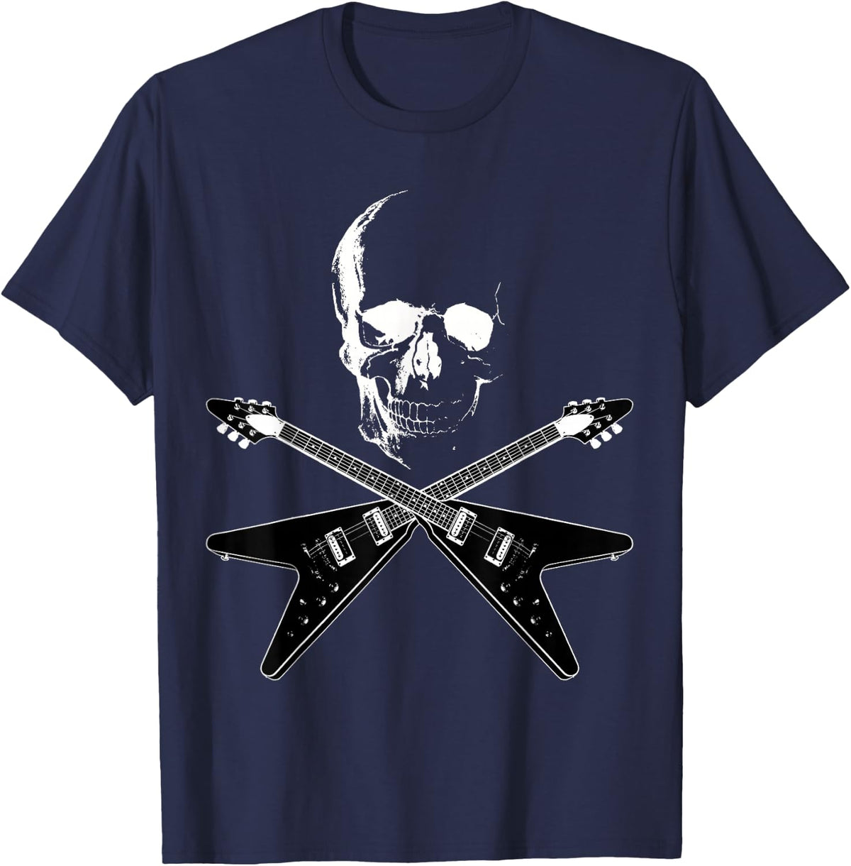 Flying V Guitar Hard Rock Heavy Metal Music Skull Outfit T-Shirt - Navy Blue