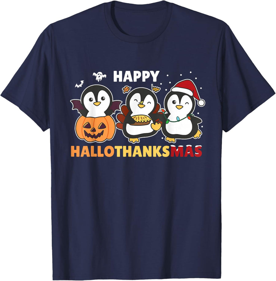 Penguin Christmas Halloween Costume Happy Hallothanksmas T-Shirt - Navy Blue