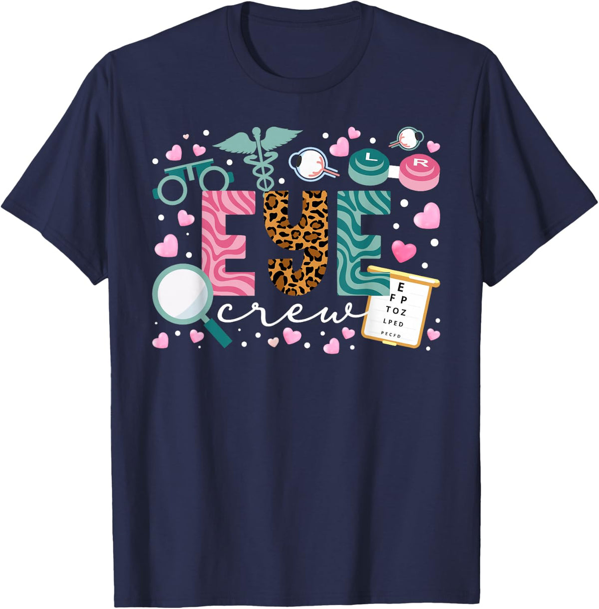 Eye Crew Leopard Optometry Ophthalmic Technician Optician T-Shirt - Navy Blue