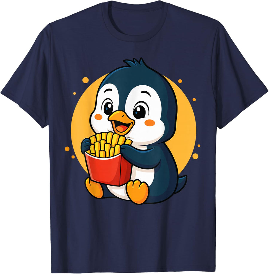 Cute Penguin Eating Fries Funny Kawaii Animal Food Lover T-Shirt - Navy Blue