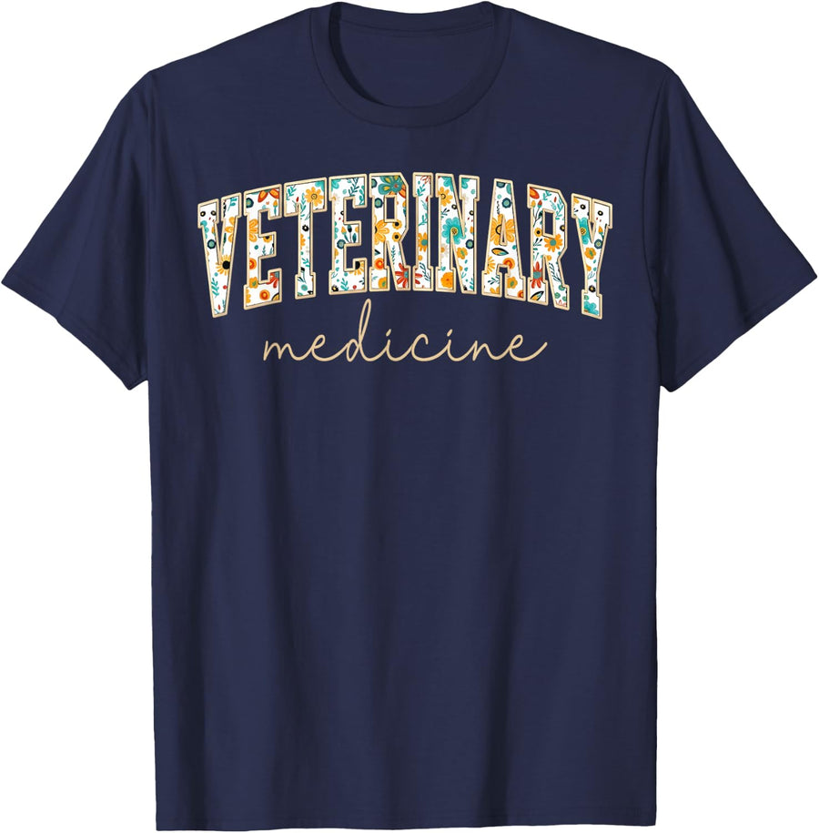 Vintage Floral Veterinary Medicine Text T-Shirt - Navy Blue