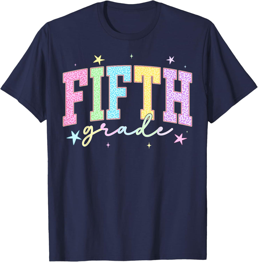 Back to School Leopard Fifth Grade Team Teacher Students T-Shirt Tees for Men Women Kids - Navy Blue