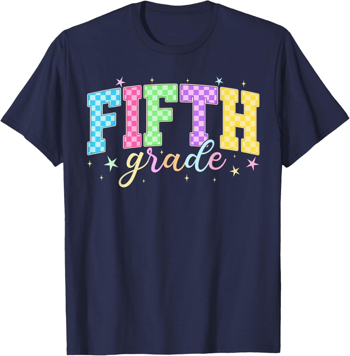 Checkered Fifth Grade Colorful Back to School Teacher T-Shirt - Navy Blue