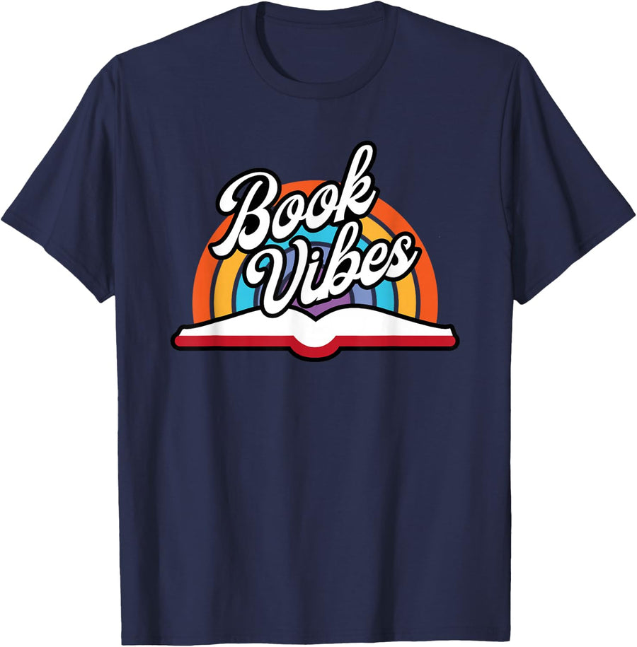Rainbow Book Vibes - Vintage Retro Book Lover & Reading T-Shirt - Navy Blue