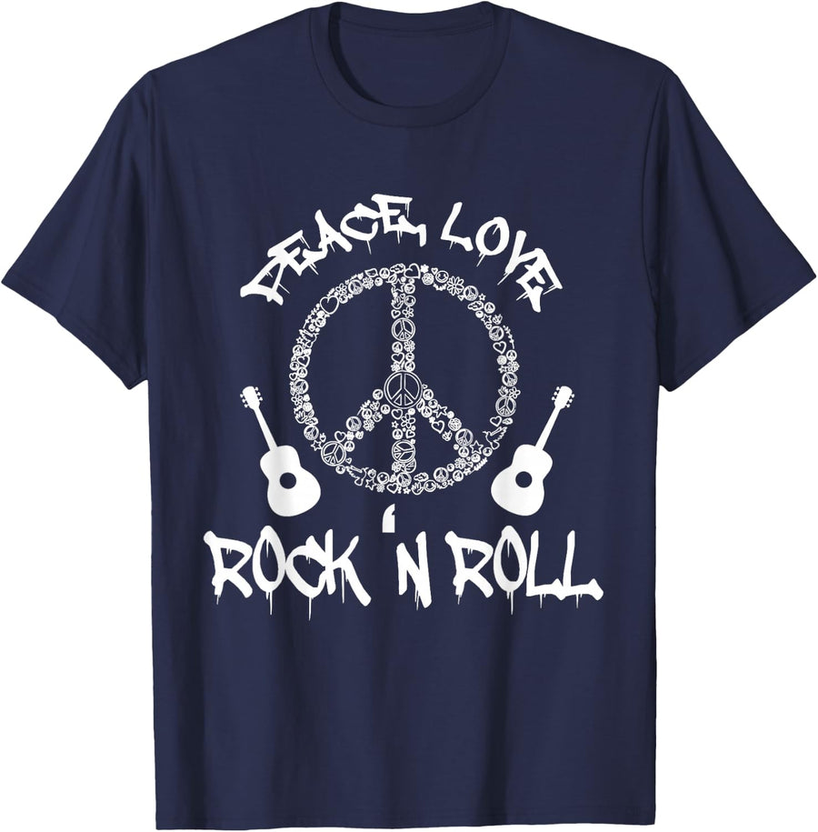 Funny Rock'n Roll T-Shirt Peace Love and Rock and Roll Tee T-Shirt - Navy Blue