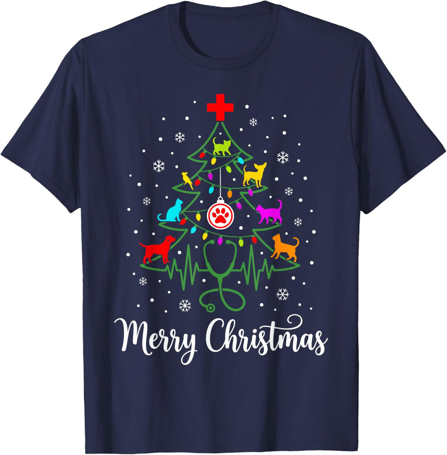 Veterinarian Christmas Tree Vet Tech Student Animal Doctor T-Shirt - Navy Blue