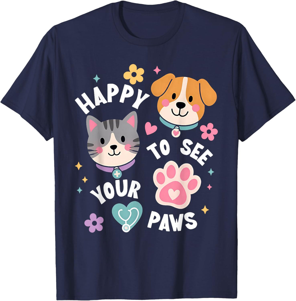Happy to See Your Paw Veterinarian Veterinary Tech Vet Med T-Shirt - Navy Blue